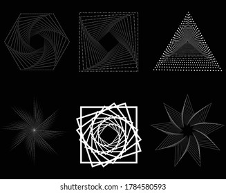 Set of abstract vector white halftone dots.Geometric art. Trendy design element for frames, logo, tattoo, sign, symbol, web, prints, posters, template, pattern and abstract background