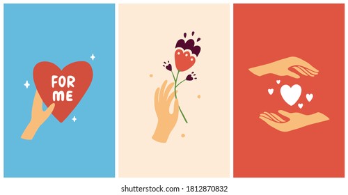 Set of abstract vectors with heart shapes. Female hand holding flower. Self care, love yourself, acceptance concept. Hand drawn illustrations for cosmetics or beauty products, poster, postcard, banner