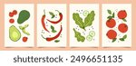 Set of abstract vegetables contemporary art print. Modern poster with hand drawn avocado, cherry tomatoes, red hot pepper, salad, slices cucumber, basil. Trendy design for wall decor, card, cover.