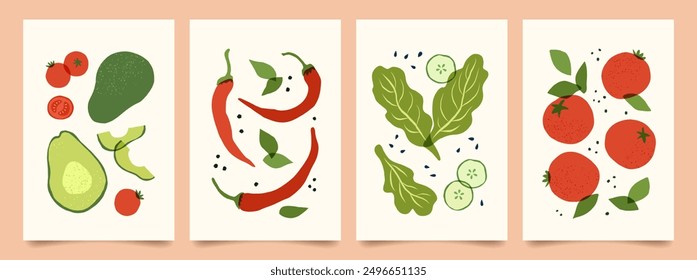 Set of abstract vegetables contemporary art print. Modern poster with hand drawn avocado, cherry tomatoes, red hot pepper, salad, slices cucumber, basil. Trendy design for wall decor, card, cover.