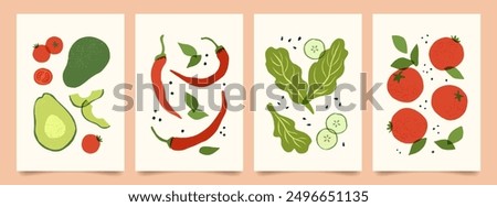 Set of abstract vegetables contemporary art print. Modern poster with hand drawn avocado, cherry tomatoes, red hot pepper, salad, slices cucumber, basil. Trendy design for wall decor, card, cover.