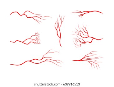 Set of abstract veins, blood vessels, arteries, capillaries. Seven red icons isolated on white background. Vector illustration.