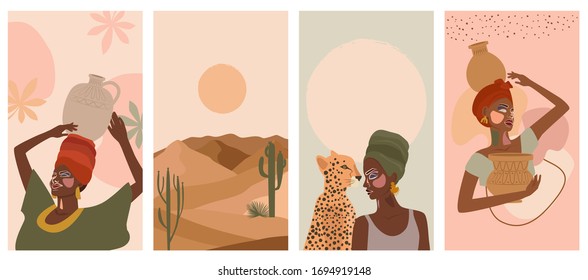 Satz abstrakter vertikaler Hintergrund mit afrikanischer Frau in Turban, Keramik Vase und Krüge, Pflanzen, abstrakte Formen und Landschaft. Hintergrund für minimalistischen Stil sozialer Medien. Vektorgrafik