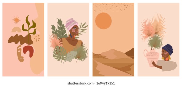 Satz abstrakter vertikaler Hintergrund mit afrikanischer Frau in Turban, Keramik Vase und Krüge, Pflanzen, abstrakte Formen und Landschaft. Hintergrund für minimalistischen Stil sozialer Medien. Vektorillustration