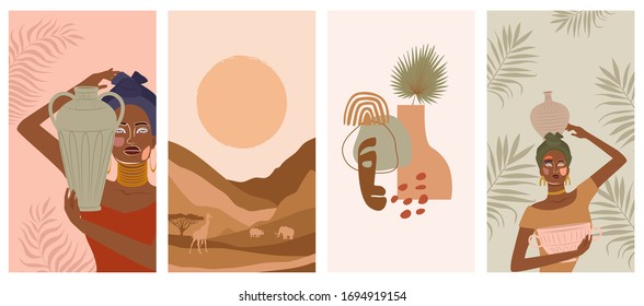 Set of abstract vertical background with African woman in turban,  ceramic vase and jugs, plants, abstract shapes and landscape. Background for social media minimalistic style. Vector illustration