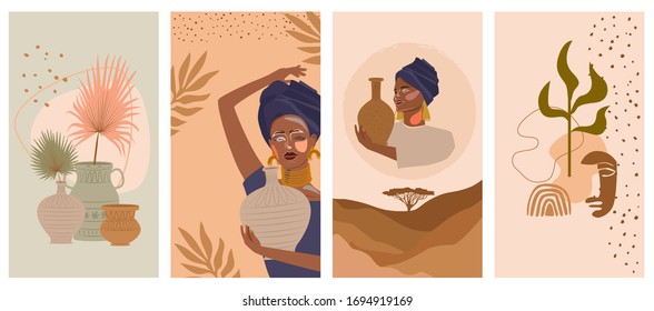 Set of abstract vertical background with African woman in turban,  ceramic vase and jugs, plants, abstract shapes and landscape. Background for social media minimalistic style. Vector illustration