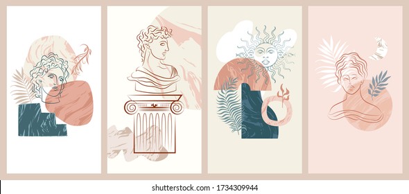 Set of abstract vertical background with antique elements, sculpture, columns, abstract marble shapes. Background for social media minimalistic style. Vector illustration