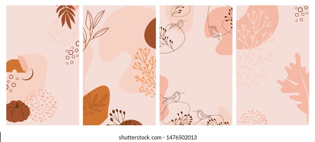 Set of abstract vertical background with autumn elements, shapes and plants in one line style. Background for mobile app page minimalistic style. Vector illustration