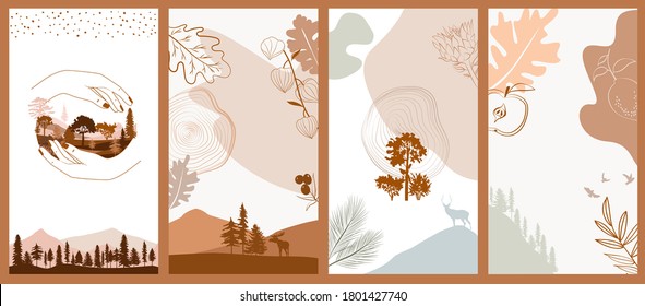 Set of abstract vertical background with autumn forest, animals, leaves in one line style and abstract shapes and landscape. Background for social media minimalistic style. Vector illustration