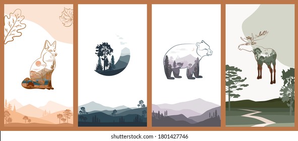 Set of abstract vertical background with autumn forest, animals, leaves in one line style and abstract shapes and landscape. Background for social media minimalistic style. Vector illustration