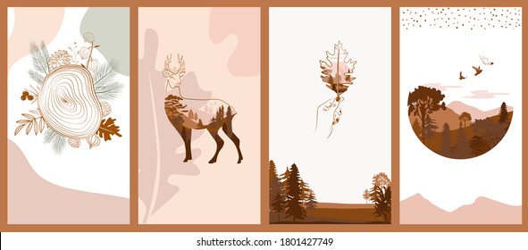 Set of abstract vertical background with autumn forest, animals, leaves in one line style and abstract shapes and landscape. Background for social media minimalistic style. Vector illustration