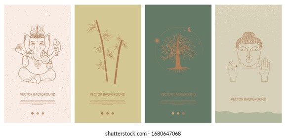 Set of abstract vertical background with elements of buddhism and hinduism plants in one line style. Background for social media minimalistic style. Vector illustration.