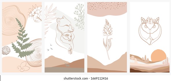 Set of abstract vertical background with forest animals, woman face, plants in one line style and abstract shapes and landscape. Background for social media minimalistic style. Vector illustration