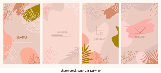 Set of abstract vertical background. Landing page, download, loading, send a message and search page. Concept for Website or Mobile App. Editable vector illustration