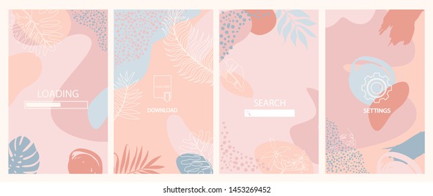 Set of abstract vertical background. Landing page, download, loading, settings and search page. Concept for Website or Mobile App. Editable vector illustration. 