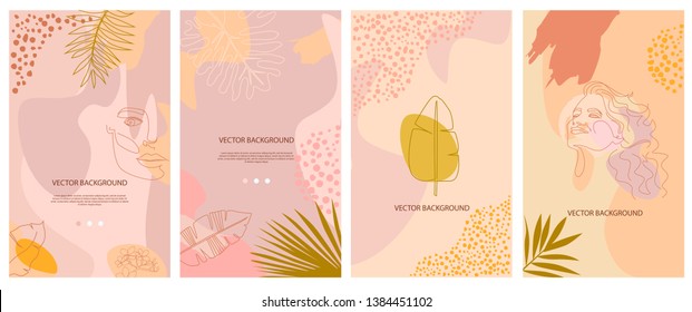 Set of abstract vertical background with tropical elements, shapes and girl portrait in one line style. Background for mobile app page minimalistic style. Vector illustration