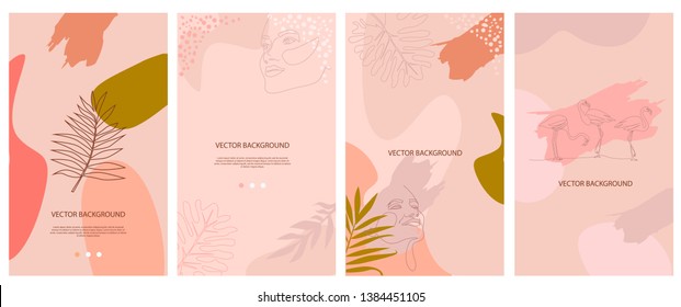 Set of abstract vertical background with tropical elements, shapes and girl portrait in one line style. Background for mobile app page minimalistic style. Vector illustration