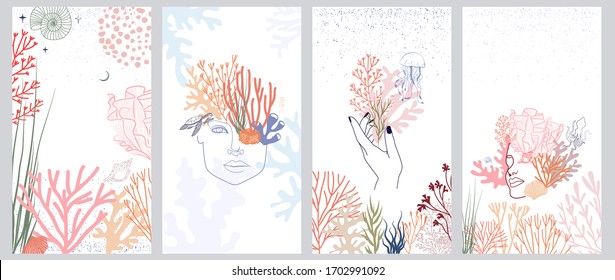 Set Of Abstract Vertical Background With Woman Face Portrait, Underwater World, Seaweed, Coral And Marine Animals. Background For Social Media Minimalistic Style. Vector Illustration