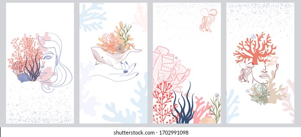 Set of abstract vertical background with woman face portrait, underwater world, seaweed, coral and marine animals. Background for social media minimalistic style. Vector illustration