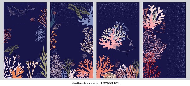 Set of abstract vertical background with woman face portrait, underwater world, seaweed, coral and marine animals. Background for social media minimalistic style. Vector illustration