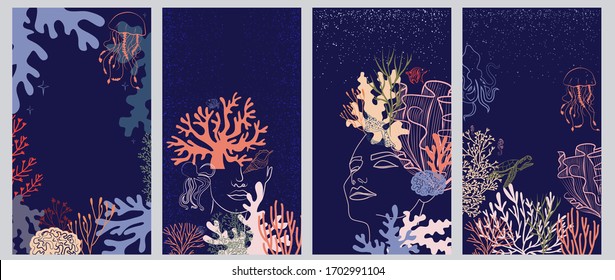 Set Of Abstract Vertical Background With Woman Face Portrait, Underwater World, Seaweed, Coral And Marine Animals. Background For Social Media Minimalistic Style. Vector Illustration