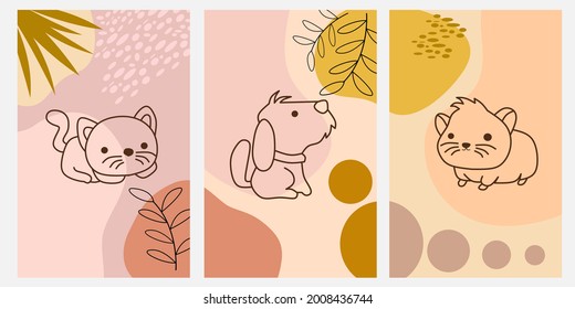 Set of abstract vertical backgrounds with animal elements including cat, dog and guinea pig, shapes and plants. Background for mobile app page minimalist style. Vector illustration.