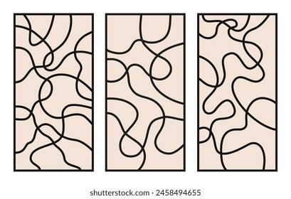 Set of abstract vertical backgrounds with black linear waves on a beige background. Trendy vector illustration in style retro 60s, 70s.