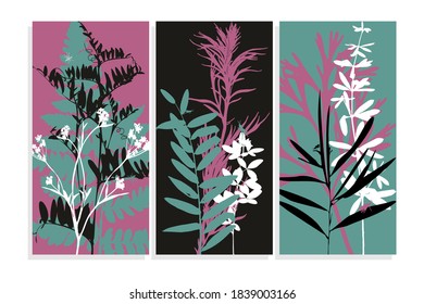 Conjunto de fondos verticales abstractos con elementos botánicos. Siluetas de hierbas silvestres aisladas en fondo de color. Ilustración vectorial.