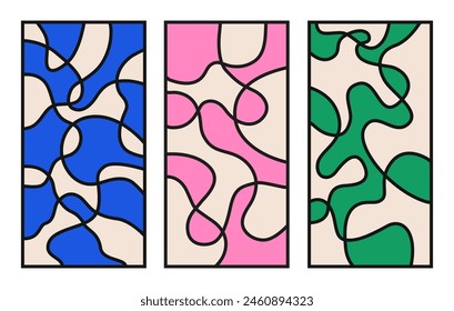 Set of abstract vertical backgrounds with colorful waves. Trendy vector illustration in style retro 60s, 70s.