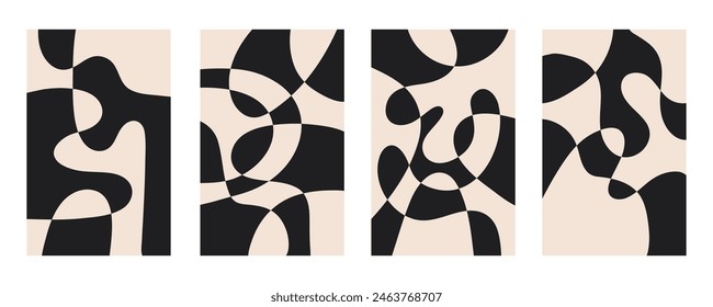 Set of abstract vertical backgrounds with colorful waves. Trendy vector illustration in style retro 60s, 70s. Black and beige colors
