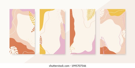 Set of abstract vertical backgrounds with copy space for text. Simple shapes composition. Trendy stories wallpapers.