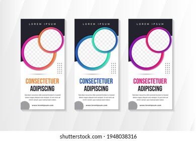 set of Abstract vertical banner design template use modern with circle shapes for space of photo collage. Combination green, blue, yellow gradient on elements and dark blue and white on background.