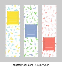 Set of abstract vertical banners. Text frame. Colorful triangles. Unstable motif. Scratched series. Puzzle background. Simple design for invitation, postcard or flyer.