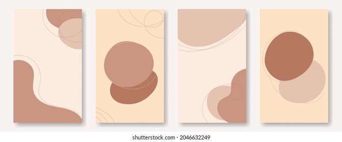 Set of abstract vertical flat templates in earthy palette . Backgrounds with copy space for social media posting, spots and lines in skin tone.