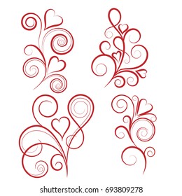 Set of abstract vertical floral swirl with heart. Vector illustration for greeting  card.