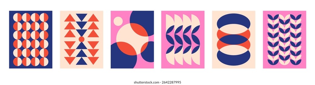 Set of Abstract vertical geometric backgrounds with colorful shapes and forms. Pink, red, beige and blue colors. Trendy vector illustration in style retro