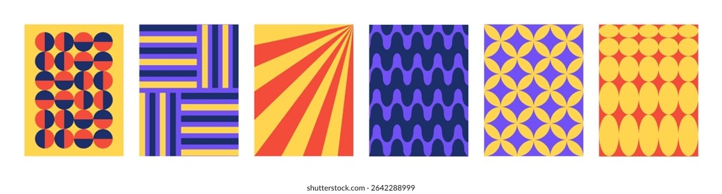 Set of Abstract vertical geometric backgrounds with colorful shapes and forms. Yellow, red and purple colors. Trendy vector illustration in style retro