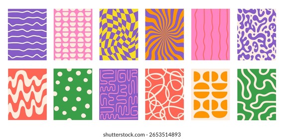 Conjunto de fundos geométricos verticais abstratos com formas onduladas coloridas, pontos e linhas. Ilustração vetor na moda em estilo retro