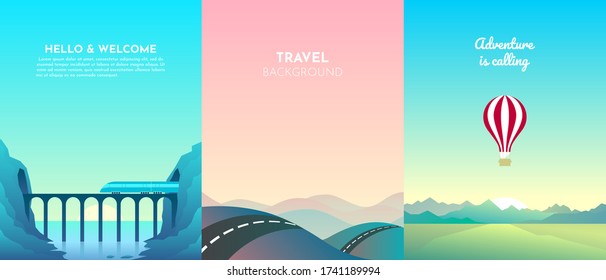 Set of abstract vertical landscapes. Mountain Bridge, Balloon, Highway. Flat minimalistic design. Three backgrounds of nature for travel, hiking, adventure.
