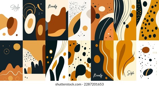 Set of abstract vertical minimal backgrounds in golden colors. Vector organic shapes templates for social media stories