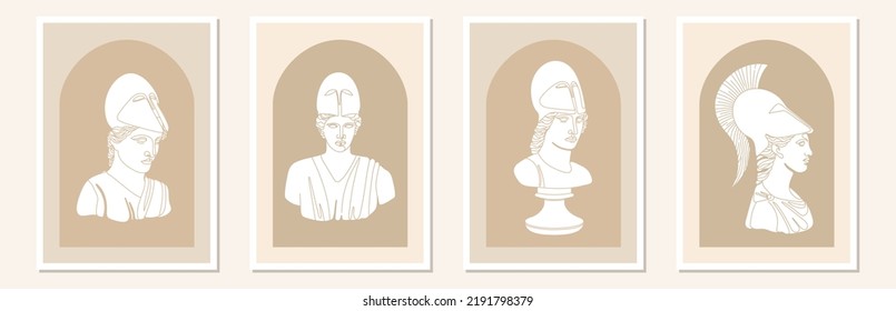 Set of abstract vertical minimal posters with antique goddess statue and geometric shape. Athena one line art. Illustration for social media, posters, invitation etc. Vector design.