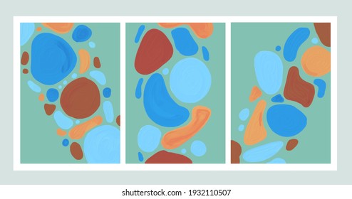 Eine Reihe abstrakter vertikaler Gemälde. 3 Stück. Ölmalerei. Die minimalistische Gestaltung der Runden Punkte. Kunst in Blau, Orange und Braun. Für das Design der Geschichte in Instagram.