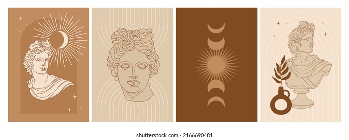 Conjunto de afiches verticales abstractos con estatua antigua de dios, formas abstractas, elementos místicos y plantas. Arte Apolo. Ilustración para medios sociales, afiches, plantilla de diseño, invitación, etc. Vector.