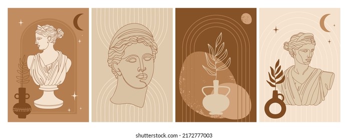 Set of abstract vertical posters with antique goddess statue, abstract shapes, mystical elements and plants. Artemis one line art. Illustration for social media, posters, template etc. Vector.