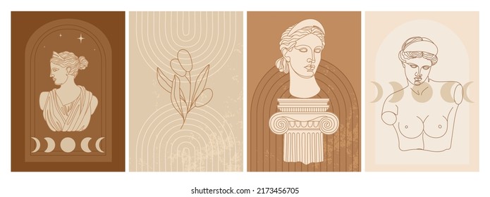 Set of abstract vertical posters with antique goddess statue, mystical elements and plants. Artemis one line art. Illustration for social media, design template, invitation etc. Vector.