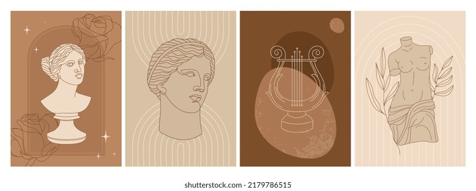 Set of abstract vertical posters with antique goddess statue, abstract shapes, mystical elements and plants. Aphrodite one line art. Illustration for social media, posters, invitation etc. Vector.