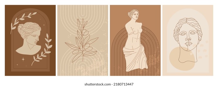 Set of abstract vertical posters with antique goddess statue, abstract shapes, mystical elements and plants. Aphrodite one line art. Illustration for social media, posters, invitation etc. Vector.