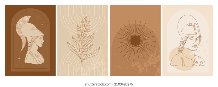 Set of abstract vertical posters with antique goddess statue, abstract shapes, amphora, mystical elements and plants. Athena one line art. Vector design. 