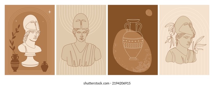 Set of abstract vertical posters with antique goddess statue, abstract shapes, amphora, mystical elements and plants. Athena one line art. Vector design.