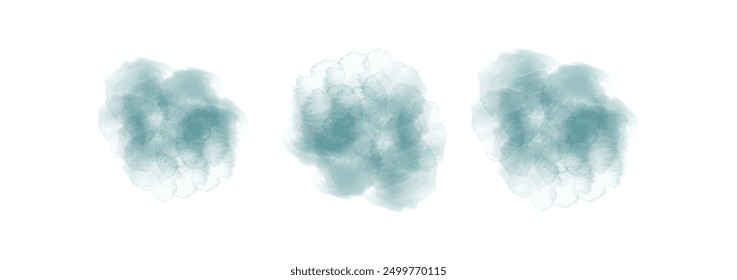 Conjunto de salpicaduras de agua de acuarela cian muy oscura abstracta sobre un fondo blanco. Textura de acuarela de Vector en color de ensalada. Tinción de pincel de tinta. Mancha de salpicaduras cian muy oscura. Salpicadura de pastel de acuarela